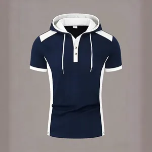 Slim-Fit Herren Sport-Kapuzen-T-Shirt mit dunkelblauem und weißem Farblock-Design