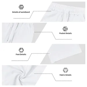Detailed close-up views of white linen pants waistband, pocket, foot and fabric texture