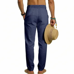 Rear view of men's navy blue casual linen pants for vacation and daily commuting style