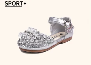 Chaussures de princesse argentées scintillantes pour filles avec strass et perles pour enfants