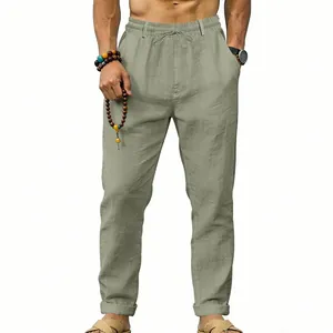 Front view detail of men's breathable sage green linen casual trousers with elastic drawstring waist