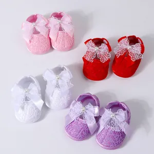 Baby Girls Lace Bowknot Soft Sole First Walkers Princess Shoes Infant Toddler Pearl Mesh Breathable Shoes
