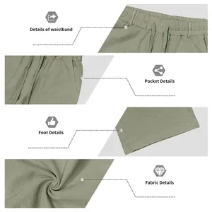 Detailed views of men's linen casual pants showing waistband, pockets, hem, and fabric.