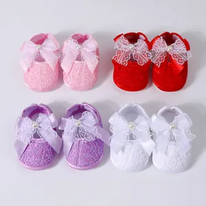 Soft sole baby girl walker shoes featuring elegant lace bows and pearl accents in 4 colors