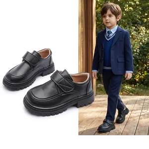 Boys Black British Style School Shoes Soft PU Leather Kids Performance Wedding Dress Shoes Hook And Loop Oxford Loafers