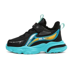 Boys black and blue waterproof sports shoes with warm fur lining and velcro strap
