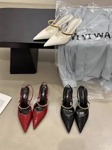 Elegant French style pointed toe slingback high heels with metal buckle shown in three colors