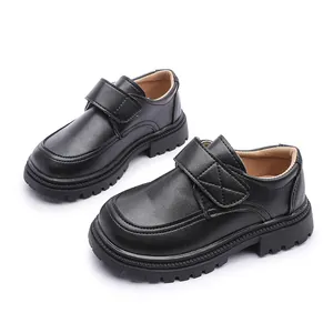 Classic boys black British style leather school shoes with hook and loop closure