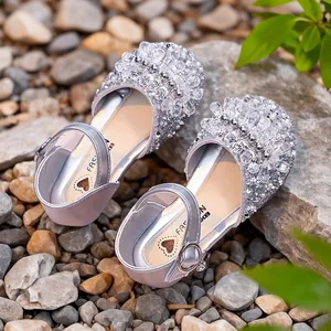 Chaussures de princesse argentées à strass pour filles, chaussures de fête étincelantes