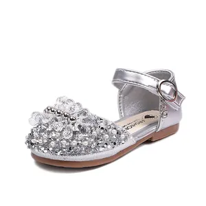 Chaussures de princesse argentées à strass pour filles avec nœud en cristal brillant