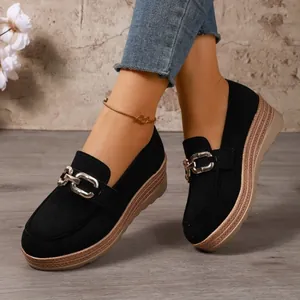 Elegant black suede platform loafers for women featuring a stylish silver chain buckle