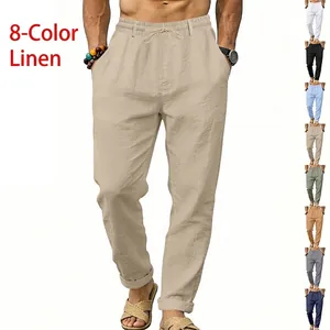 Men's Casual Linen Straight Leg Pants Loose American Style Solid Color Drawstring Waist Trousers For Vacation Office Commute