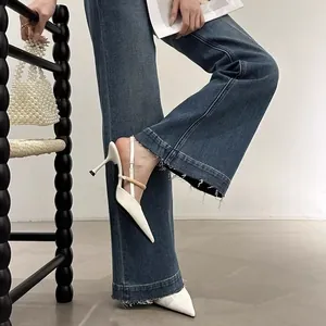 Elegant French style white pointed-toe stiletto heels with cross strap and metal buckle
