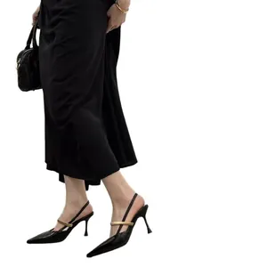 Elegant French style pointed-toe slingback heels with gold buckle strap for women.