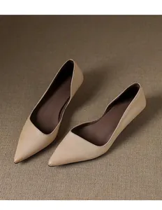 Elegant nude pointed-toe kitten heels featuring smooth matte leather and classic French style