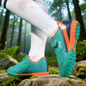 Chaussures de foot enfant pour gazon synthétique, cyan et orange, à scratch