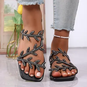 Women Fashion Square Toe Flat Slide Sandals With Rhinestone Leaf Snake-Shaped Wrap Summer Beach Casual Slip-On Shoes
