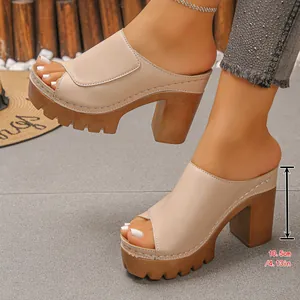 Beige platform chunky heel mules with 10.5cm heel height measurement details