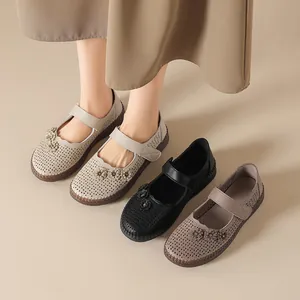 Zapatos Planos de Confort para Mujer de Cuero Auténtico Zapatos para Personas Mayores Transpirables Huecos Florales Mary Janes Mocasines Informales Antideslizantes