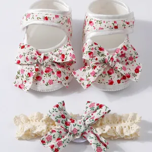 Blumige Baby Prinzessinnen Schuhe und passendes Spitzen-Stirnband Set für Mädchen