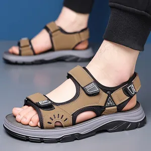 Herren Lässige Outdoor Strandsandalen Erste Schicht Rindsleder Atmungsaktiv Rutschfest Sport Sandalen Sommer Klettverschluss Wanderschuhe