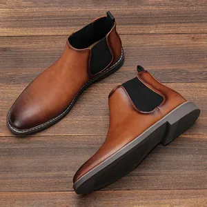 Overhead detail view of men's classic brown burnished leather Chelsea ankle boots