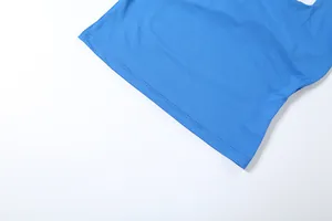 Detailed close-up showing precise double-needle hem stitching on blue athletic wear