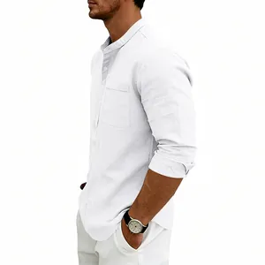 Classica camicia Henley da uomo in lino bianco con maniche lunghe e taschino sul petto