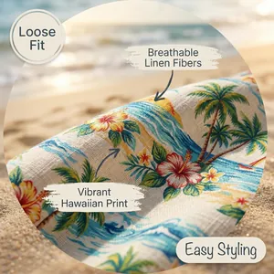 Primo piano del tessuto in lino traspirante con dettagliata stampa hawaiana vivace.