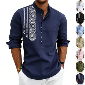 Camicia da uomo in lino a maniche lunghe con stampa etnica e collo alla coreana.