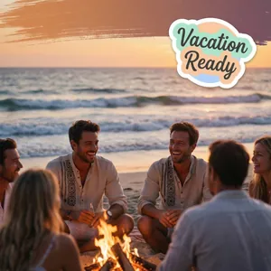 Detail of a men's ethnic print linen shirt worn during a beach campfire vacation