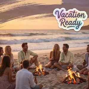 Camicia etnica in lino da uomo in una scena di falò sulla spiaggia in vacanza