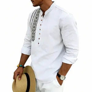 Men's white linen long sleeve shirt with ethnic print and mandarin collar detail