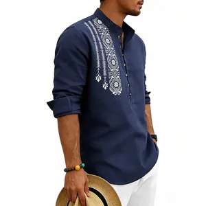 Men's ethnic navy linen shirt with white print, stand collar, and buttoned detail