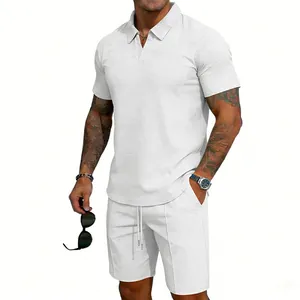 Ensemble décontracté polo à manches courtes et short en maille gaufrée blanche pour homme