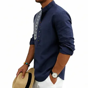 Detail shot showing the texture and embroidery of a navy blue ethnic linen shirt for men