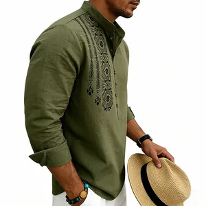 Detailed view of men's olive green ethnic style linen shirt with embroidery
