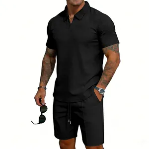 Ensemble 2 pièces décontracté en maille gaufrée pour hommes avec polo et short noir
