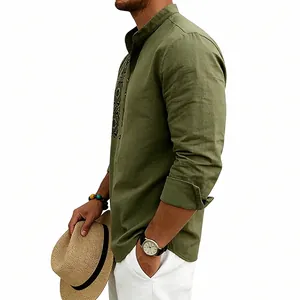 Side view detail of men's olive green linen shirt with ethnic embroidery and stand collar