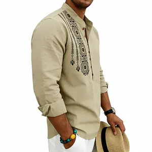 Close-up of ethnic print and stand collar on breathable khaki linen shirt for men