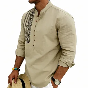 Detail view of men's linen ethnic shirt featuring breathable fabric and printed patterns