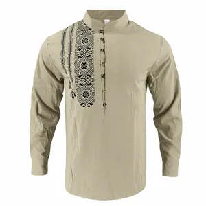 Men's loose ethnic style linen long-sleeve shirt with stand collar and tribal print