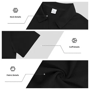 Détails du polo noir en maille gaufrée montrant le col, le poignet et la texture du tissu