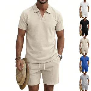 Ensemble Polo et Short Homme Décontracté en Tricot Gaufre Été Manches Courtes Haut et Bas Minimaliste Streetwear