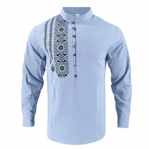 Men's light blue ethnic print linen shirt featuring stand collar and button detail.