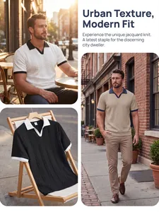 Close-up detail of a men's jacquard knit polo shirt with a stylish modern urban fit