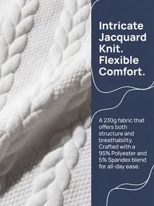 Close-up of white jacquard knit fabric showing intricate cable pattern detail