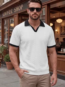 Detailed view of men's cable knit polo shirt with contrast black collar and cuffs