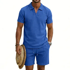 Ensemble polo et short bleu en maille gaufrée pour homme, tenue d'été décontractée