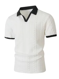 Close-up of white jacquard texture on men's business casual short sleeve polo shirt